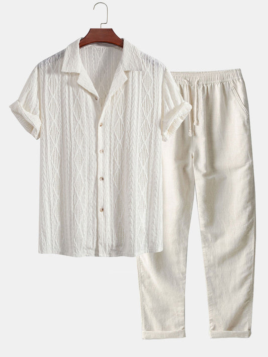 Geometrisk jacquard kubansk skjorte og rett linbukse