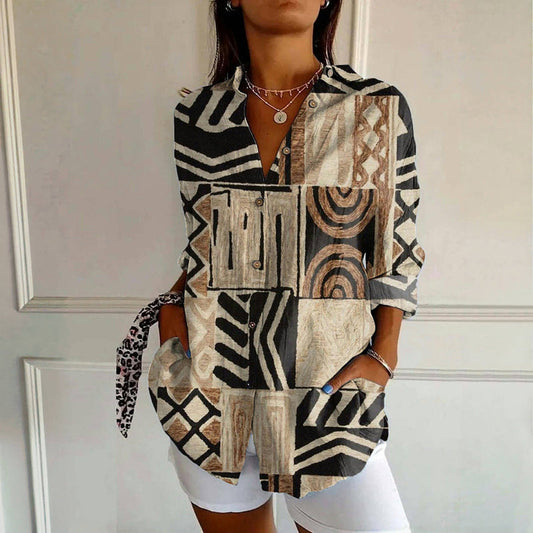 Vintage Bluse Med Abstrakt Trykk