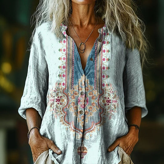 【Lange Ermer】Vintage Etnisk Trykk Bluse