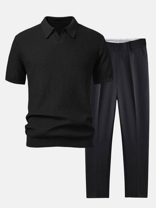 Golf jacquardstrikket V-hals polo-skjorte og smal passform taperet bukse