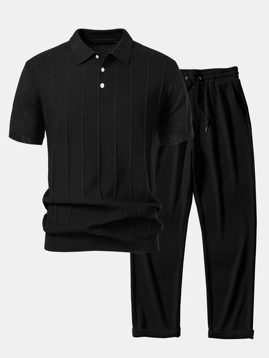 Stripete jacquardstrikket polo-skjorte og ribbestrikkede bukser