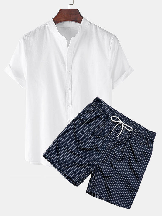 Linne-look kortermet skjorte og badeshorts med stripete mønster