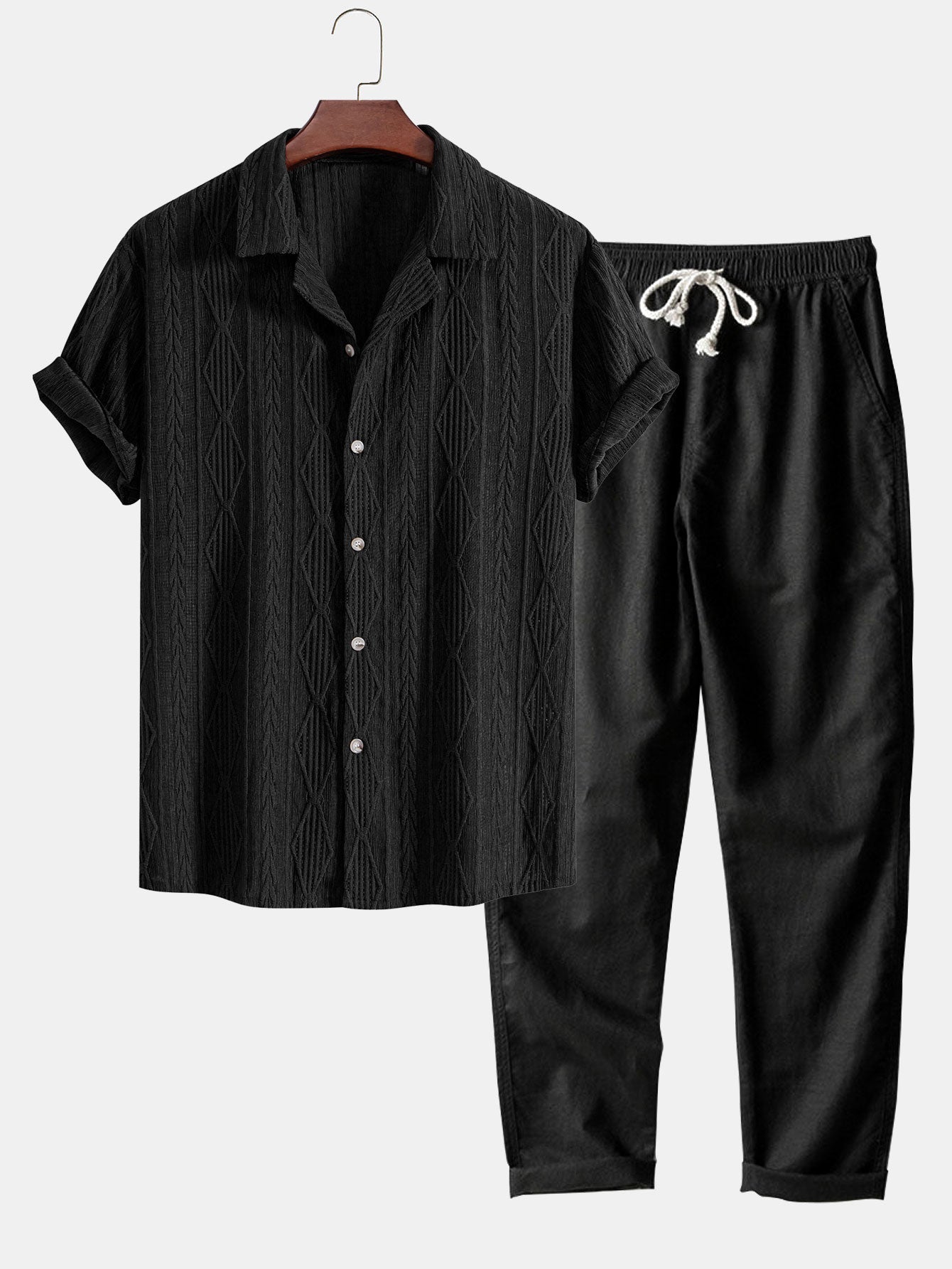 Geometrisk jacquard kubansk skjorte og rett linbukse