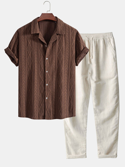 Geometrisk jacquard kubansk skjorte og rett linbukse