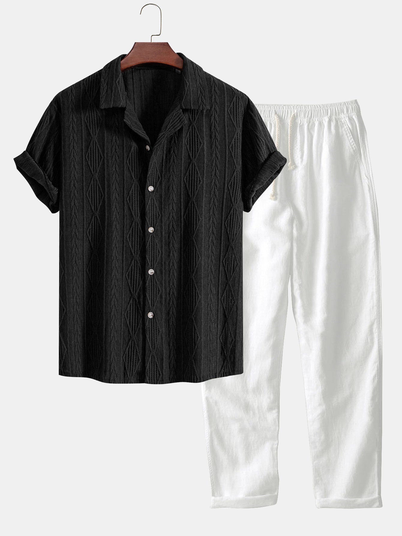 Geometrisk jacquard kubansk skjorte og rett linbukse