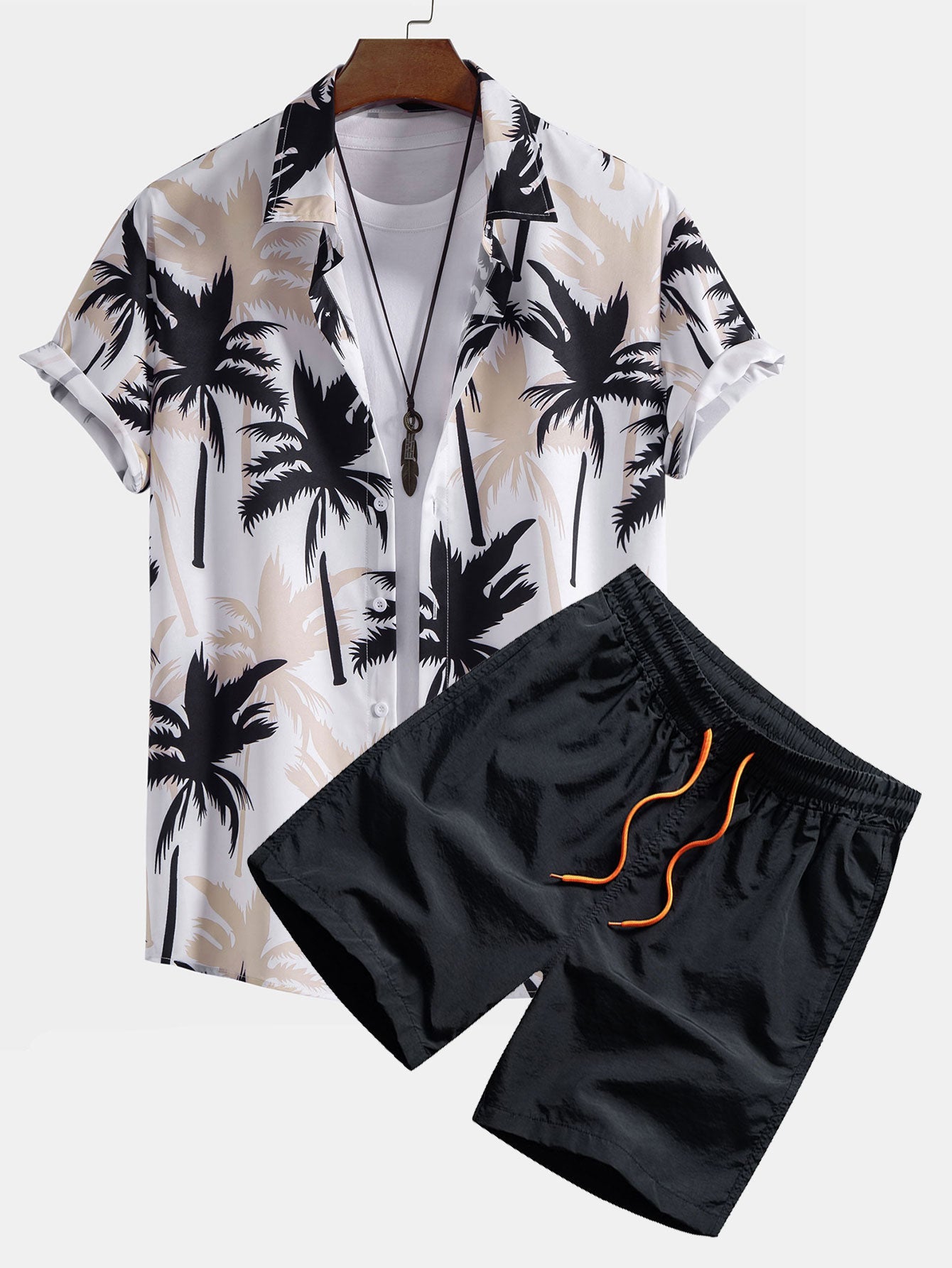 Palmeprint skjorte med knapper og badeshorts