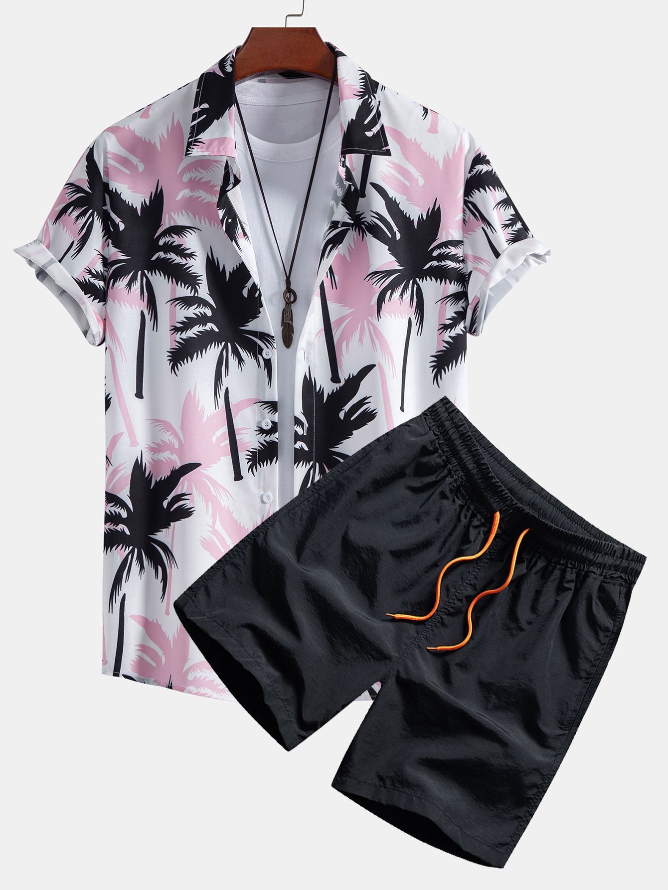 Palmeprint skjorte med knapper og badeshorts