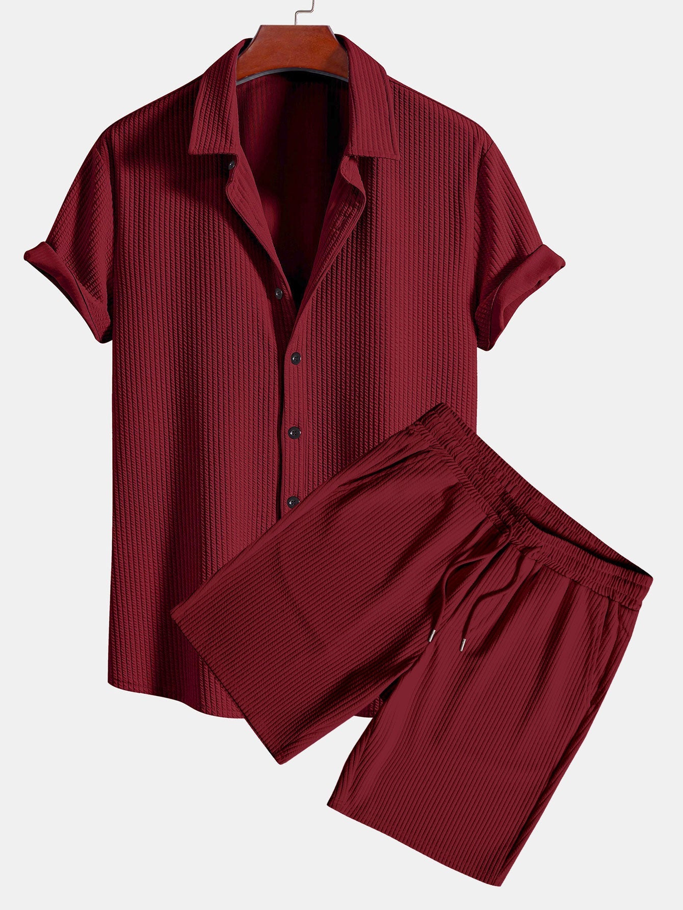 Muskelpassform ribbet skjorte med knapper og shorts