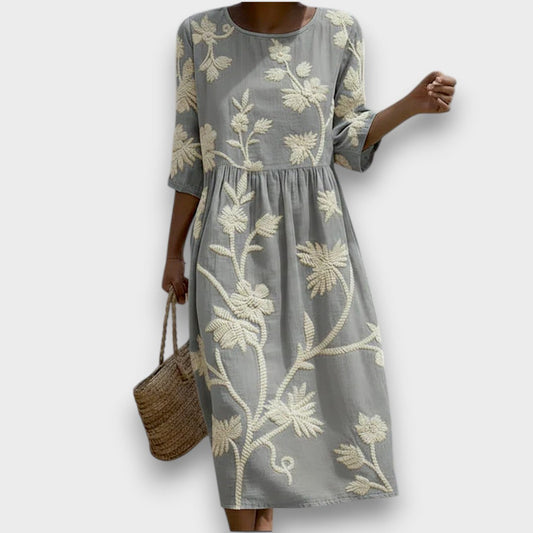 Ashley | Midi-kjole med plante- og blomstertrykk