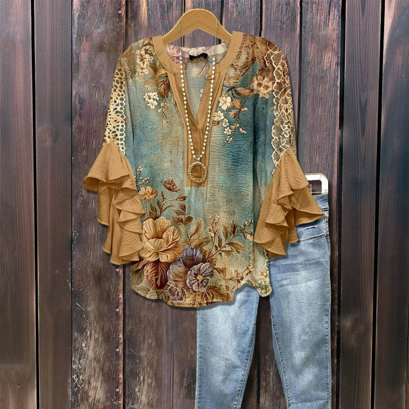 Vintage Bluse Med Blomstertrykk