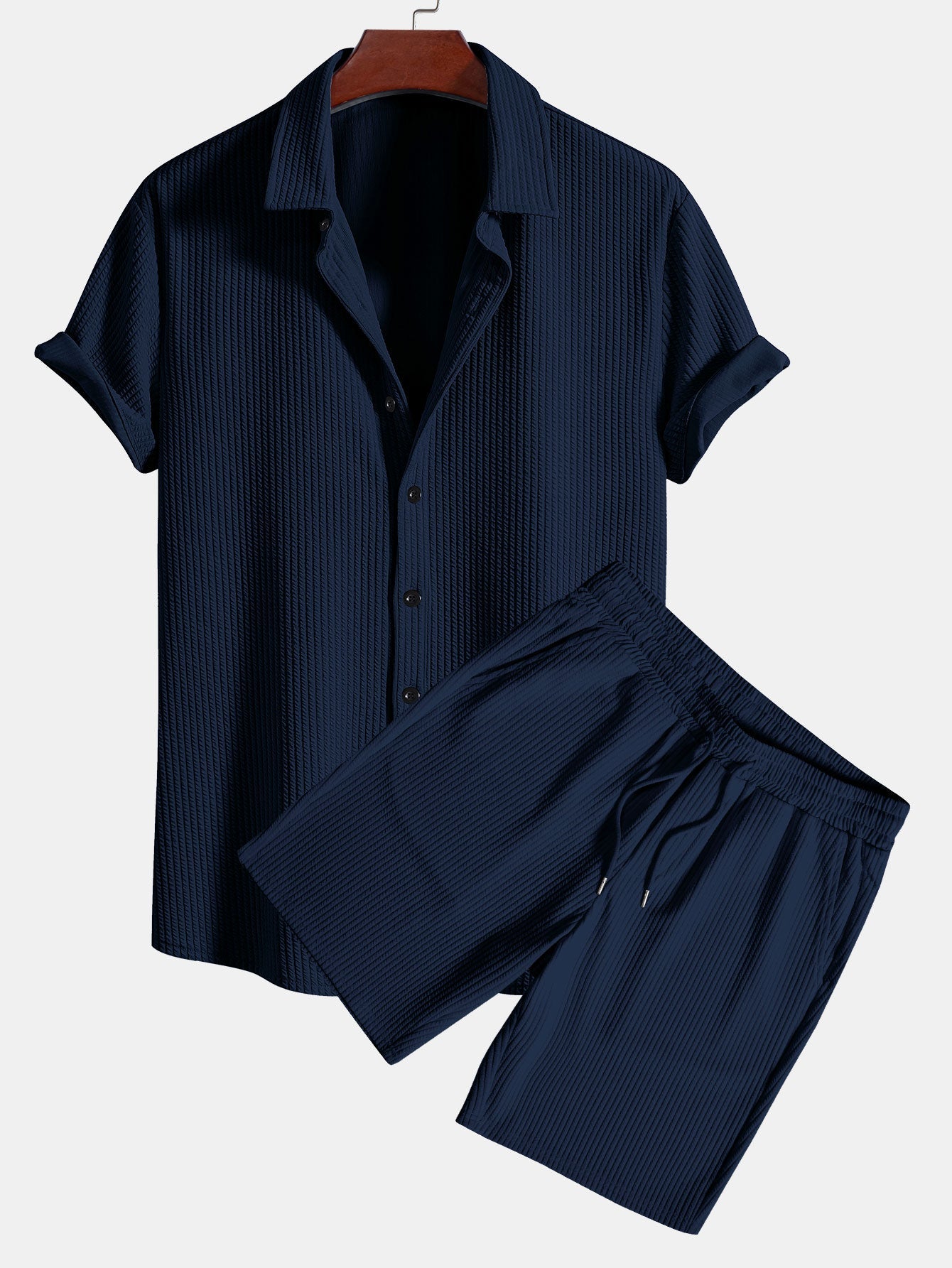 Muskelpassform ribbet skjorte med knapper og shorts