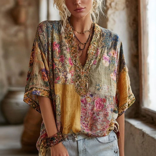 Vintage Bluse Med Blomstertrykk