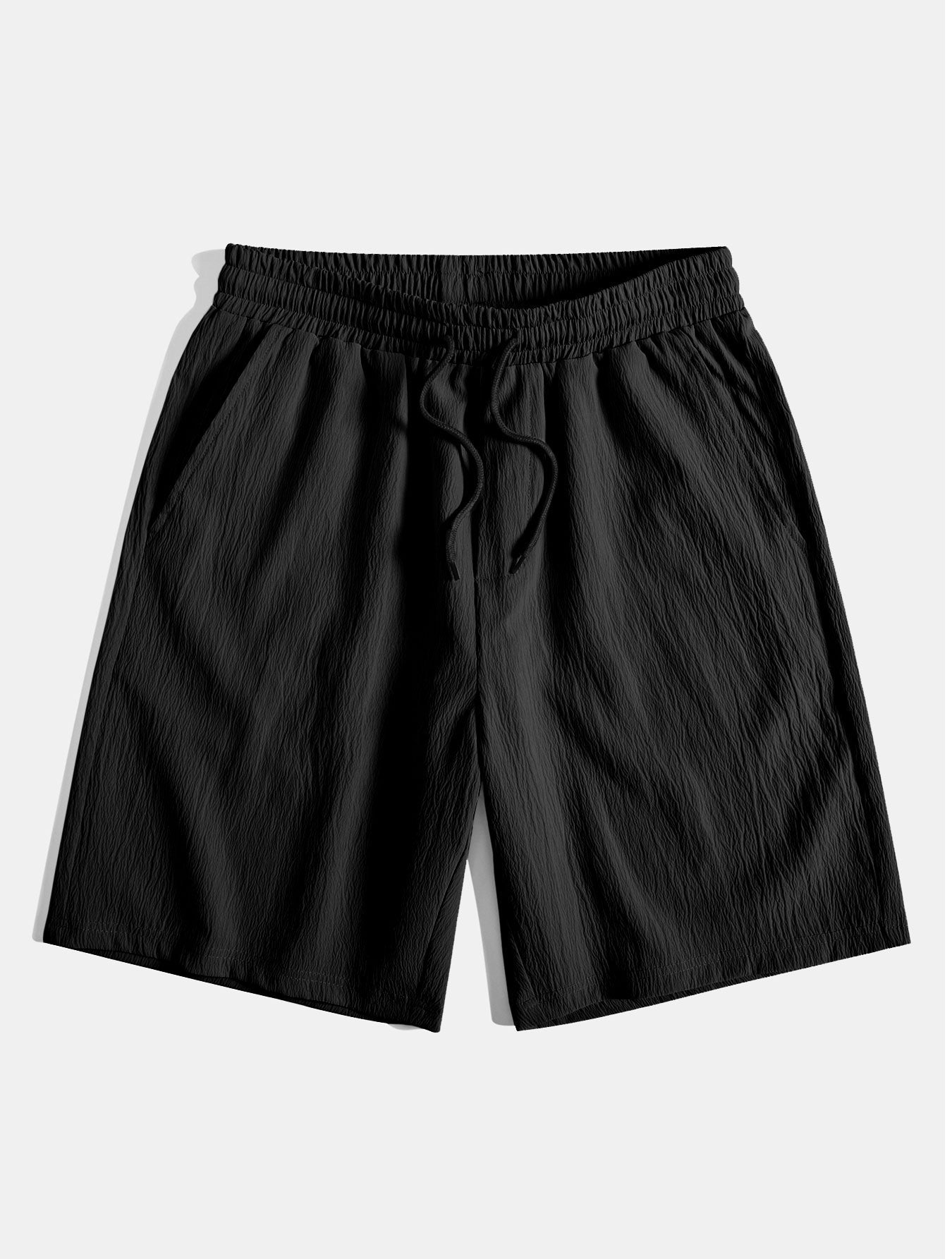 Geometrisk jacquard eyelet cubansk skjorte og krøllete tekstur trekksnor korte bukser