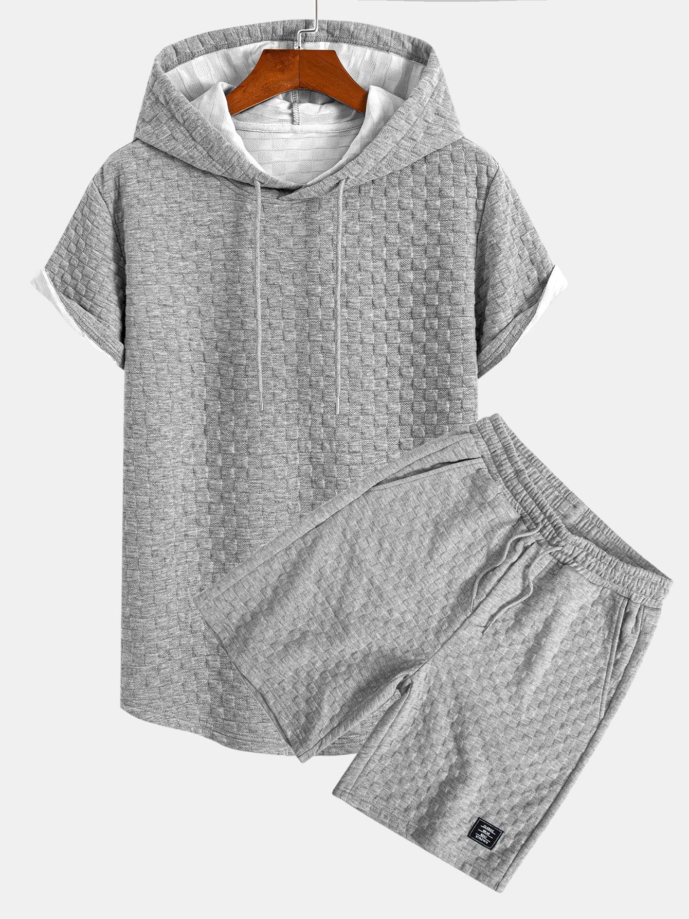 Rutemønster Jacquard bueformet kant hette-T-skjorte og Rutemønster Jacquard shorts