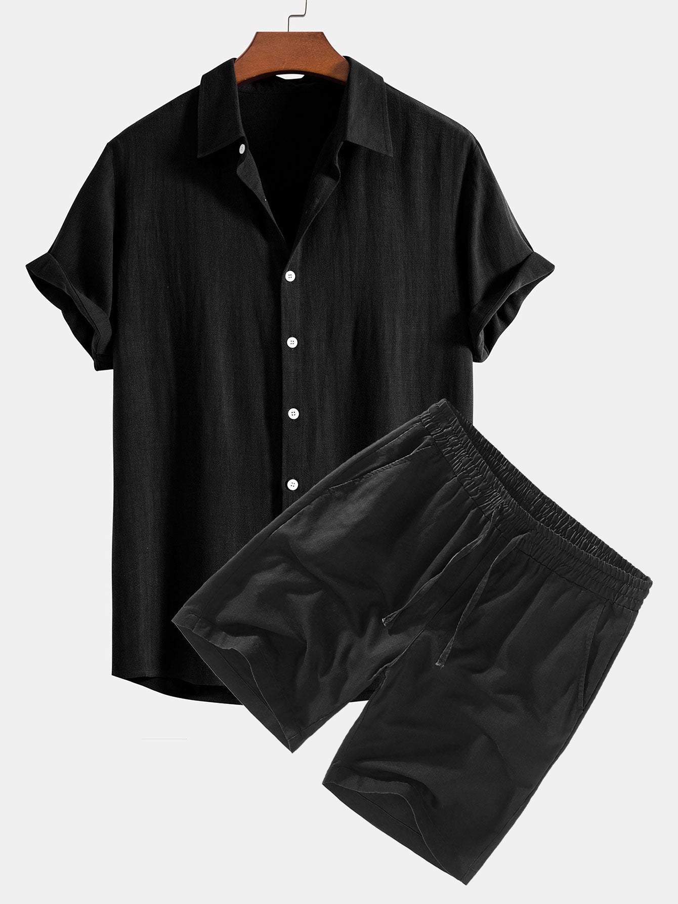 Linne-rayonblanding med knapplukking skjorte og linne shorts med snøring
