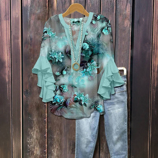 Vintage Bluse Med Blomstertrykk