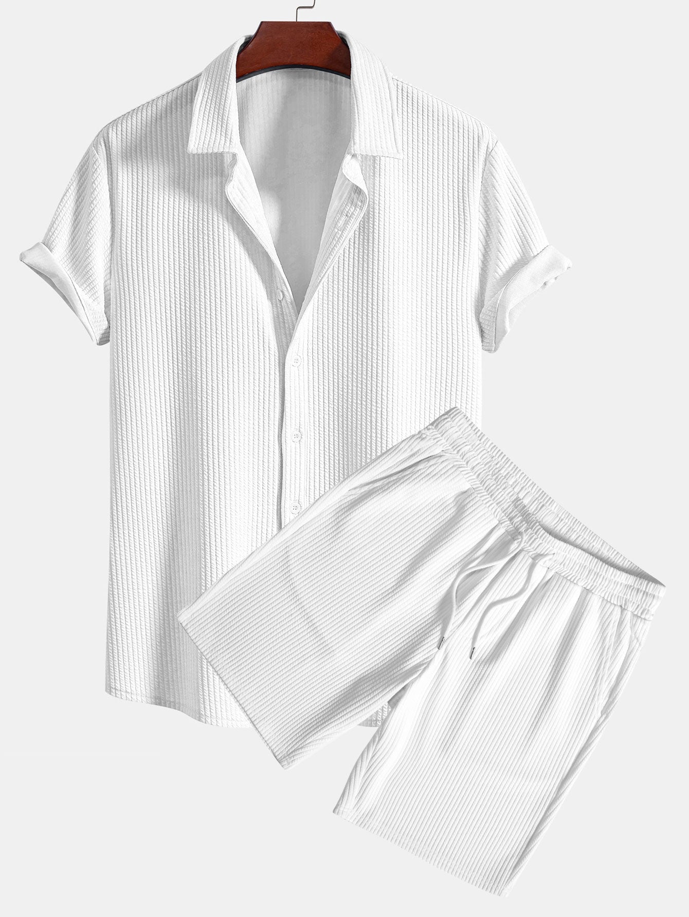 Muskelpassform ribbet skjorte med knapper og shorts