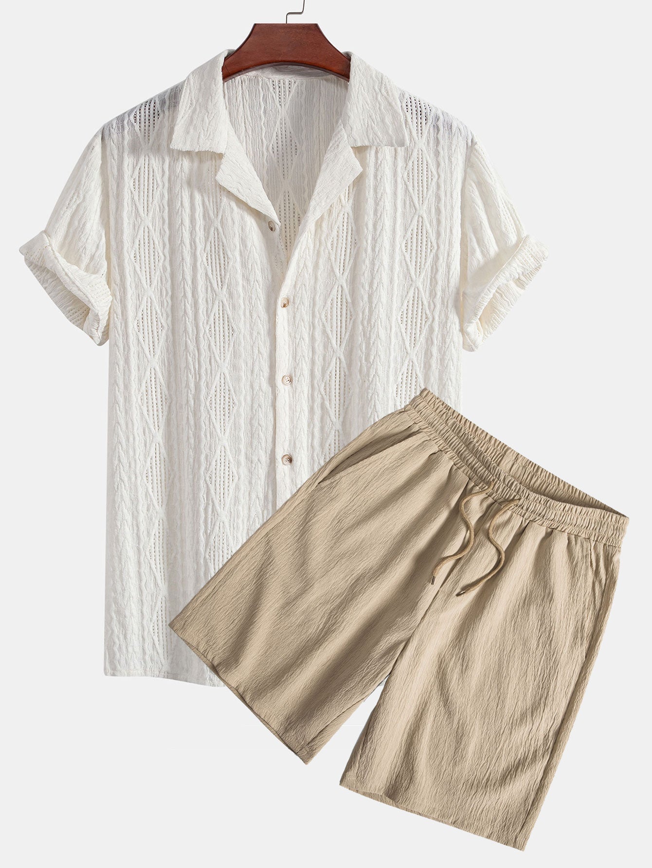 Geometrisk jacquard eyelet cubansk skjorte og krøllete tekstur trekksnor korte bukser