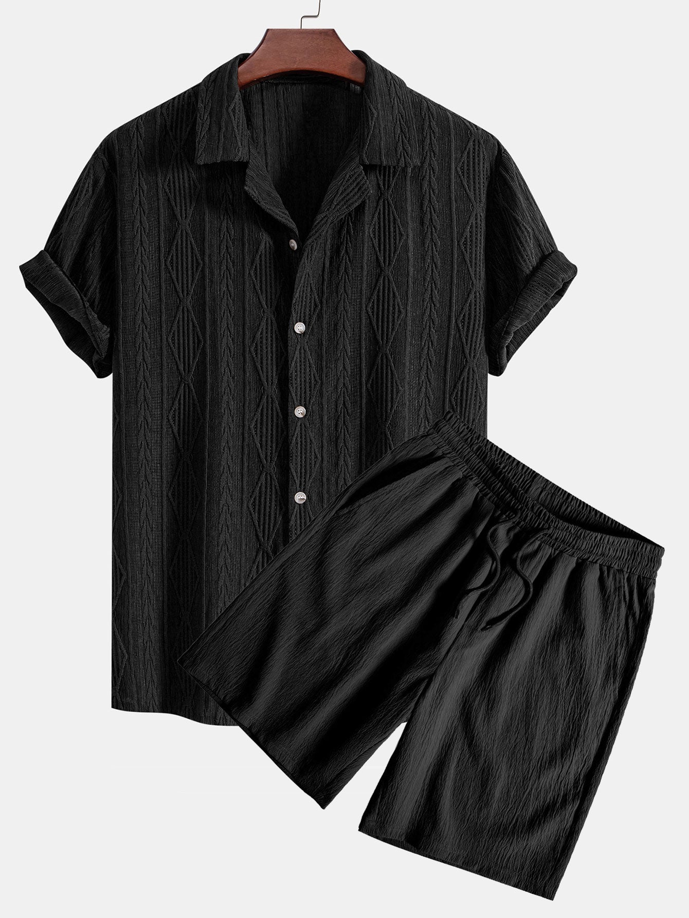 Geometrisk jacquard eyelet cubansk skjorte og krøllete tekstur trekksnor korte bukser