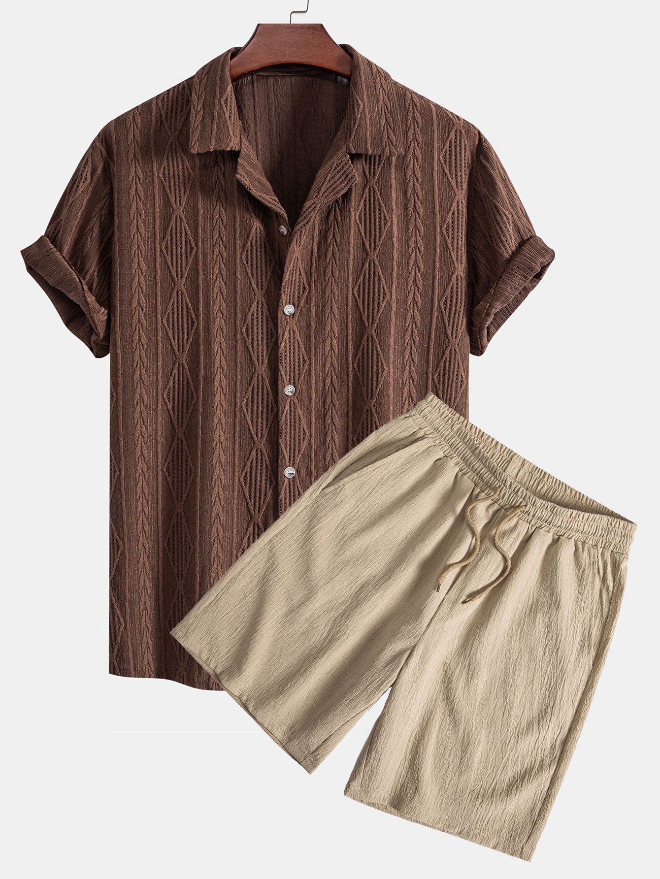 Geometrisk jacquard eyelet cubansk skjorte og krøllete tekstur trekksnor korte bukser