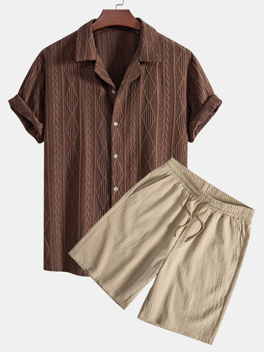 Geometrisk jacquard eyelet cubansk skjorte og krøllete tekstur trekksnor korte bukser