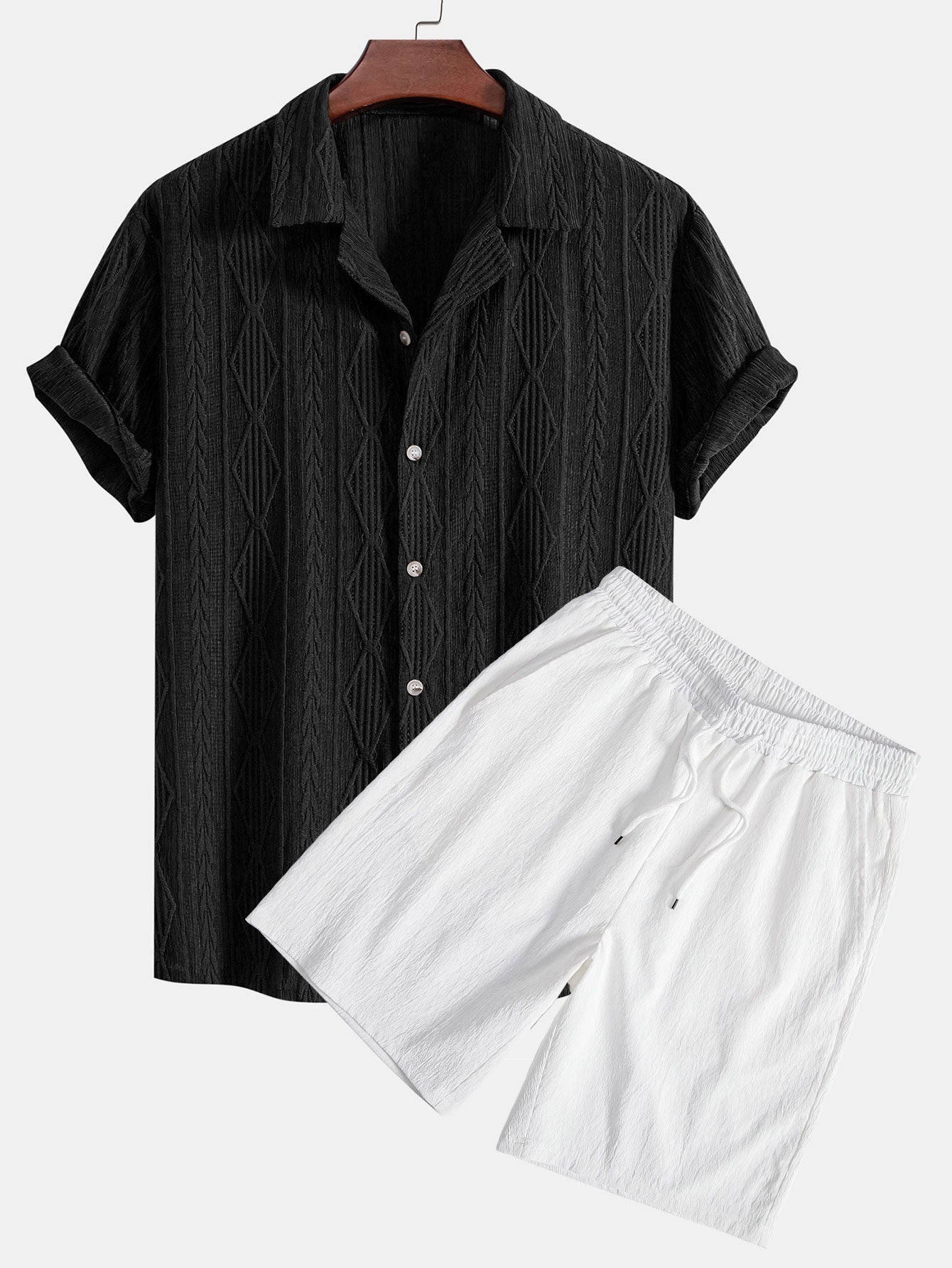 Geometrisk jacquard eyelet cubansk skjorte og krøllete tekstur trekksnor korte bukser