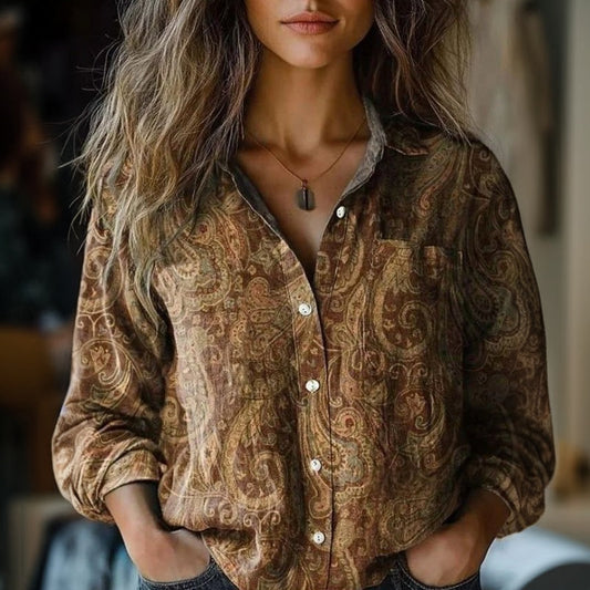 【Lange Ermer】Vintage Etnisk Trykk Bluse