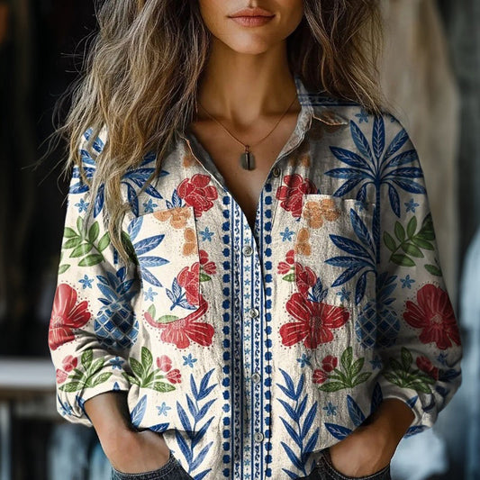 【Lange Ermer】 Vintage Bluse Med Blomstertrykk