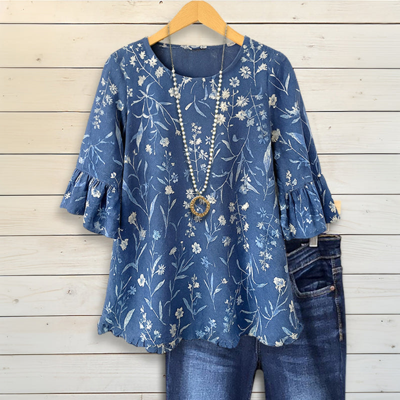 Vintage Bluse Med Blomstertrykk