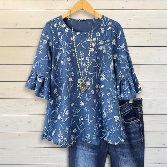 Vintage Bluse Med Blomstertrykk