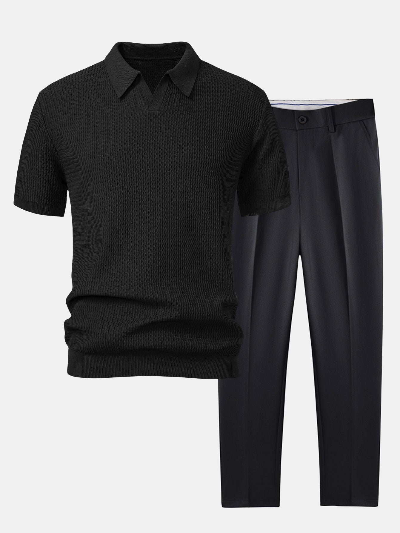 Golf jacquardstrikket V-hals polo-skjorte og smal passform taperet bukse
