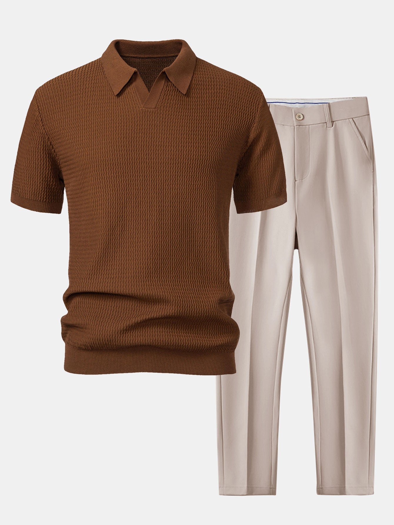 Golf jacquardstrikket V-hals polo-skjorte og smal passform taperet bukse