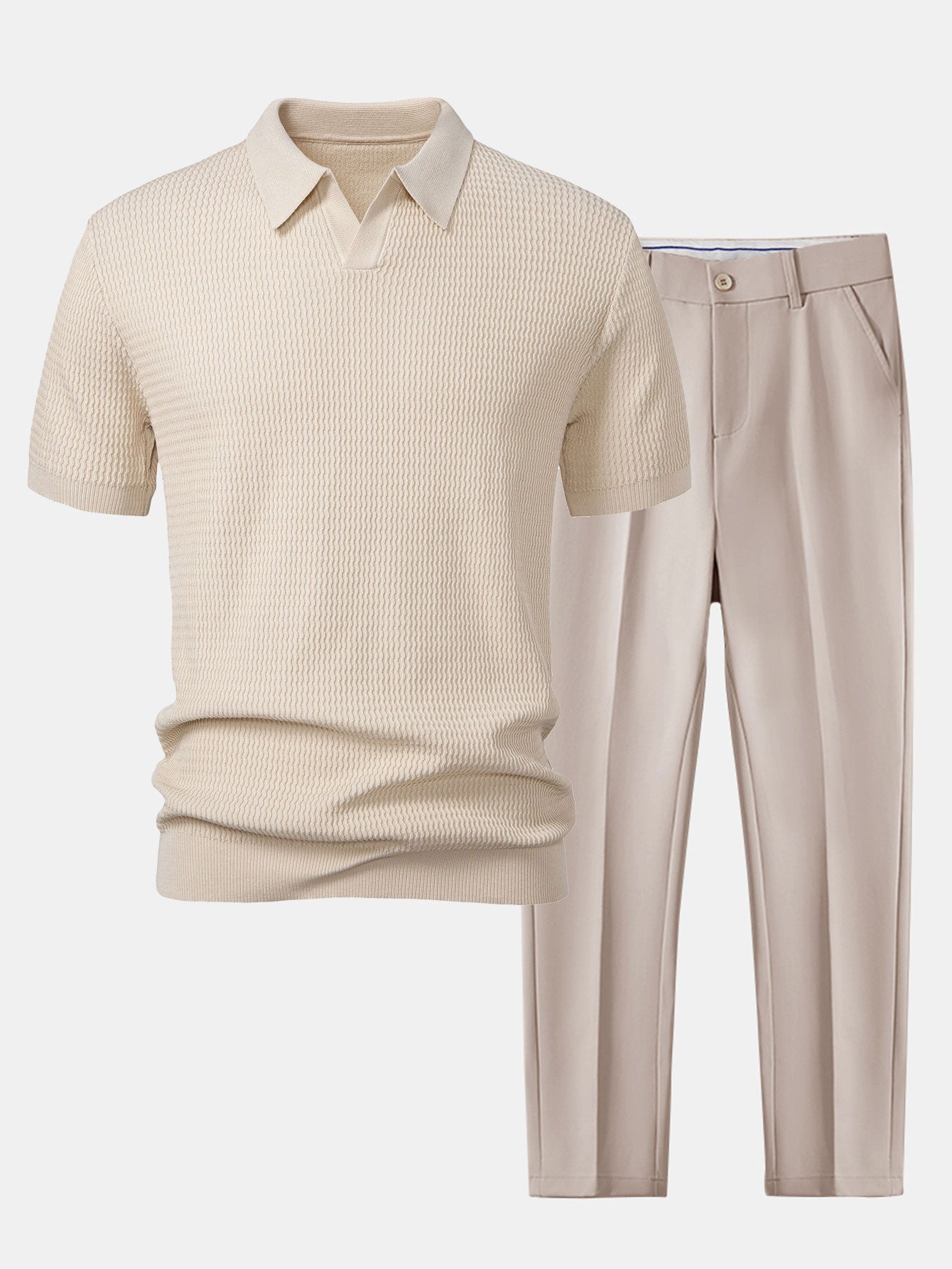 Golf jacquardstrikket V-hals polo-skjorte og smal passform taperet bukse