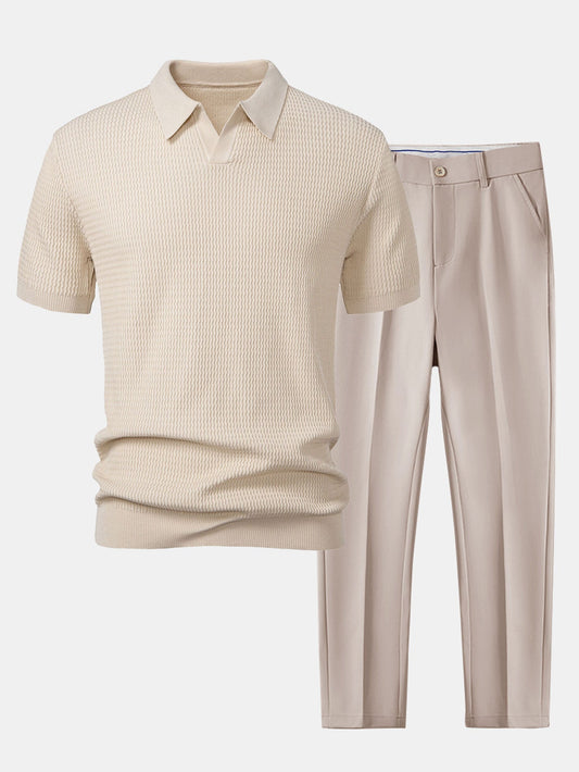 Golf jacquardstrikket V-hals polo-skjorte og smal passform taperet bukse