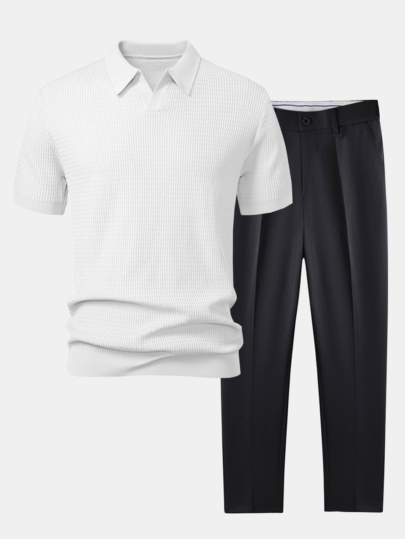 Golf jacquardstrikket V-hals polo-skjorte og smal passform taperet bukse