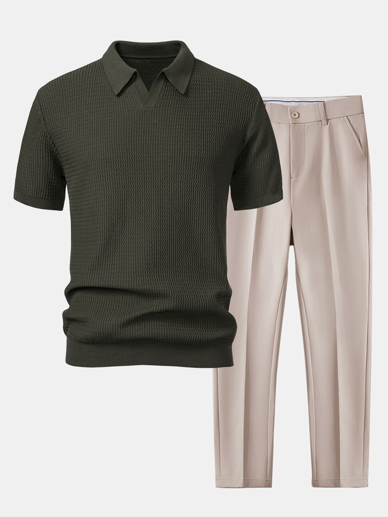 Golf jacquardstrikket V-hals polo-skjorte og smal passform taperet bukse