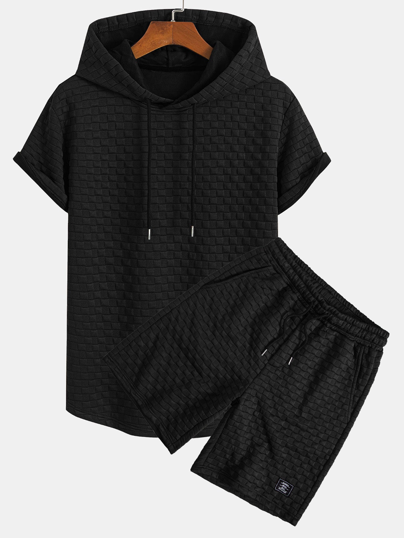 Rutemønster Jacquard bueformet kant hette-T-skjorte og Rutemønster Jacquard shorts