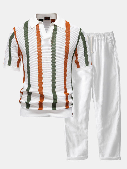 Stripete strikket V-hals polo skjorte og linbukser med rette ben