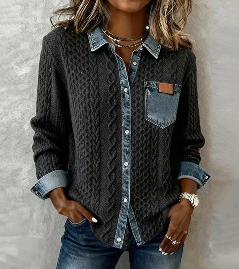 Ambra | Patchwork-strikket topp med denimdetaljer