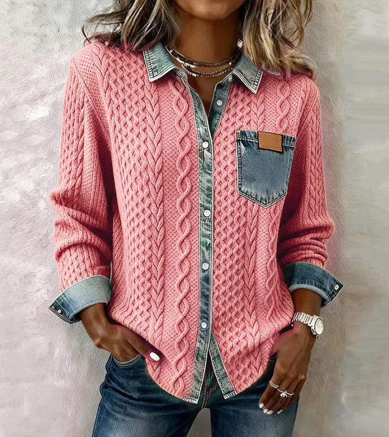 Ambra | Patchwork-strikket topp med denimdetaljer
