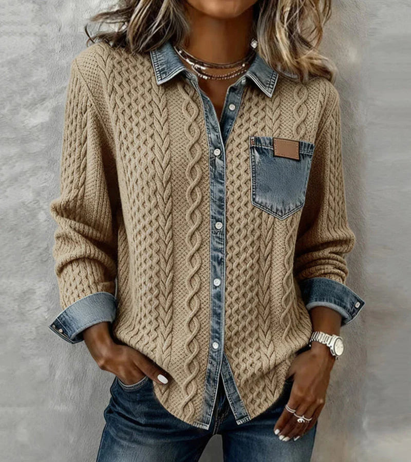 Ambra | Patchwork-strikket topp med denimdetaljer