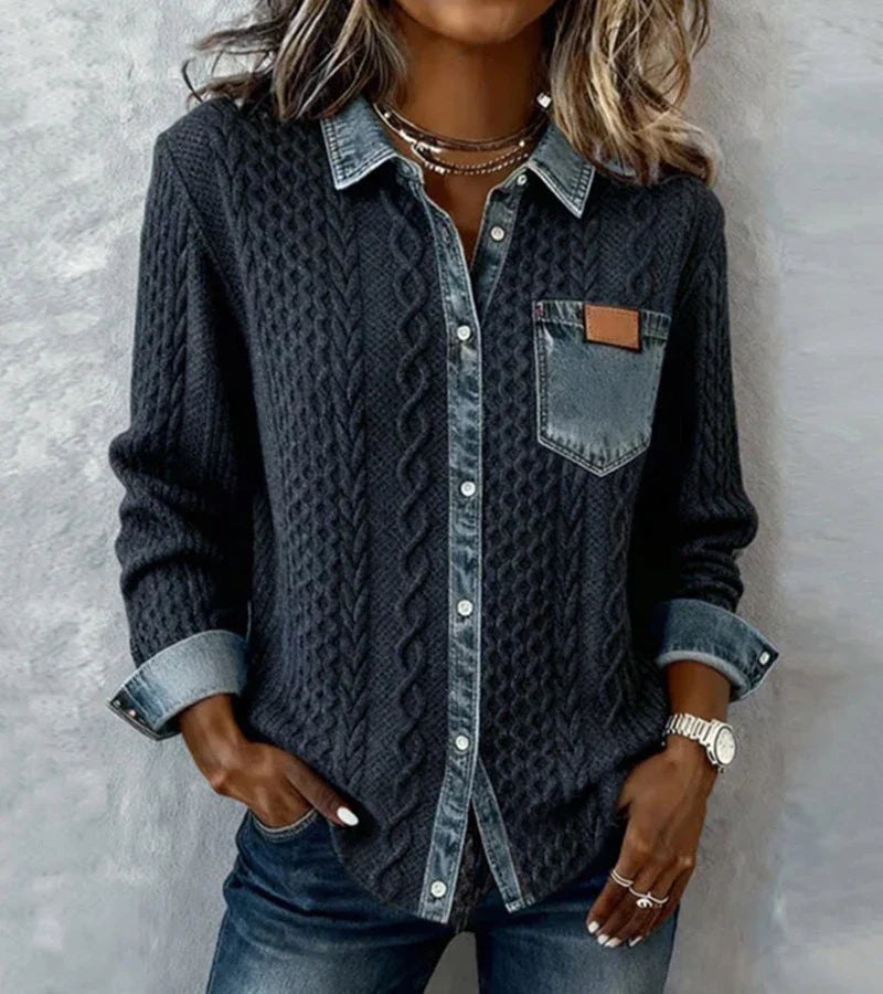Ambra | Patchwork-strikket topp med denimdetaljer