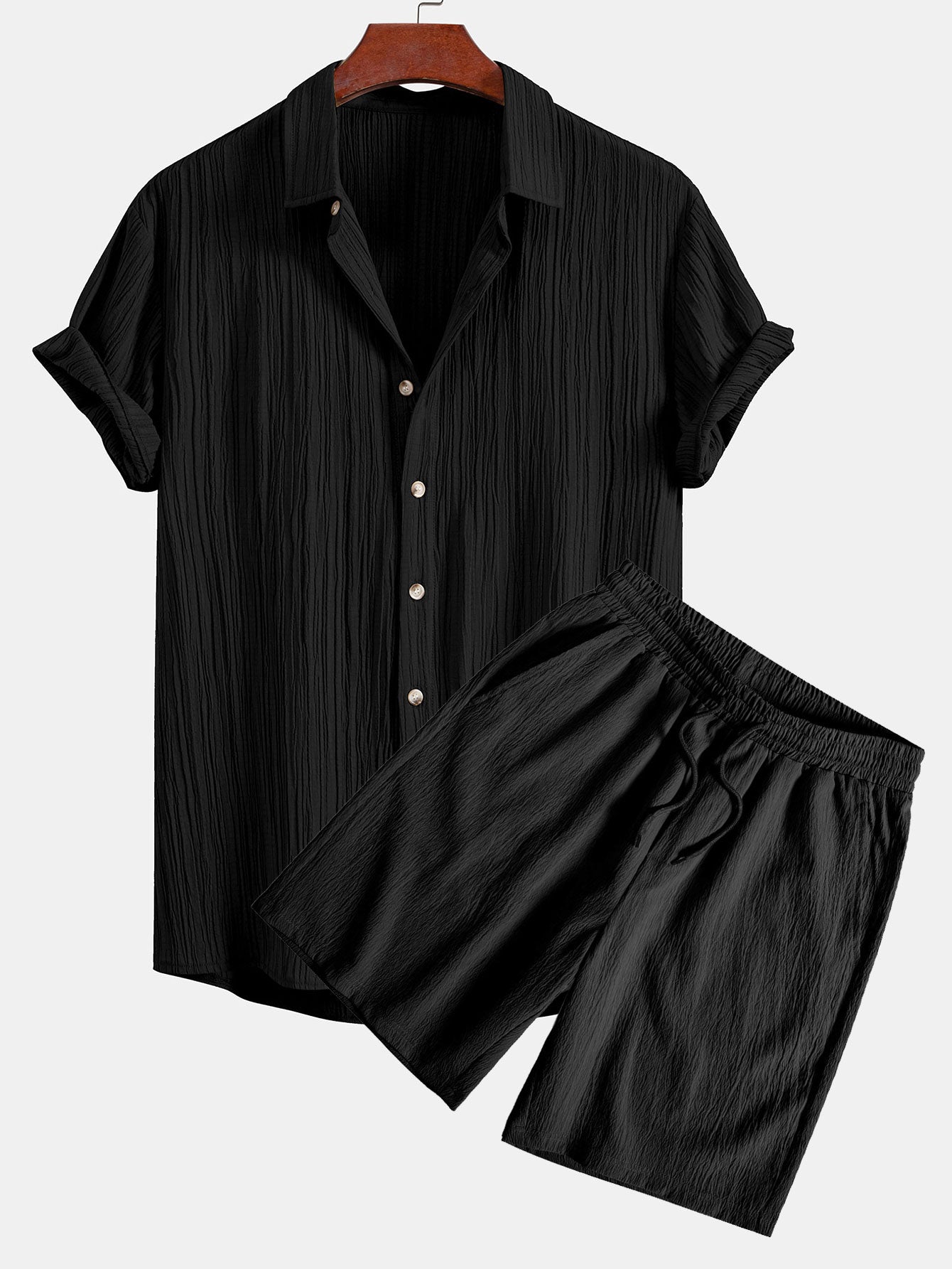 Ribbet strukturert skjorte med knapper og ribbet strukturert shorts med snøring