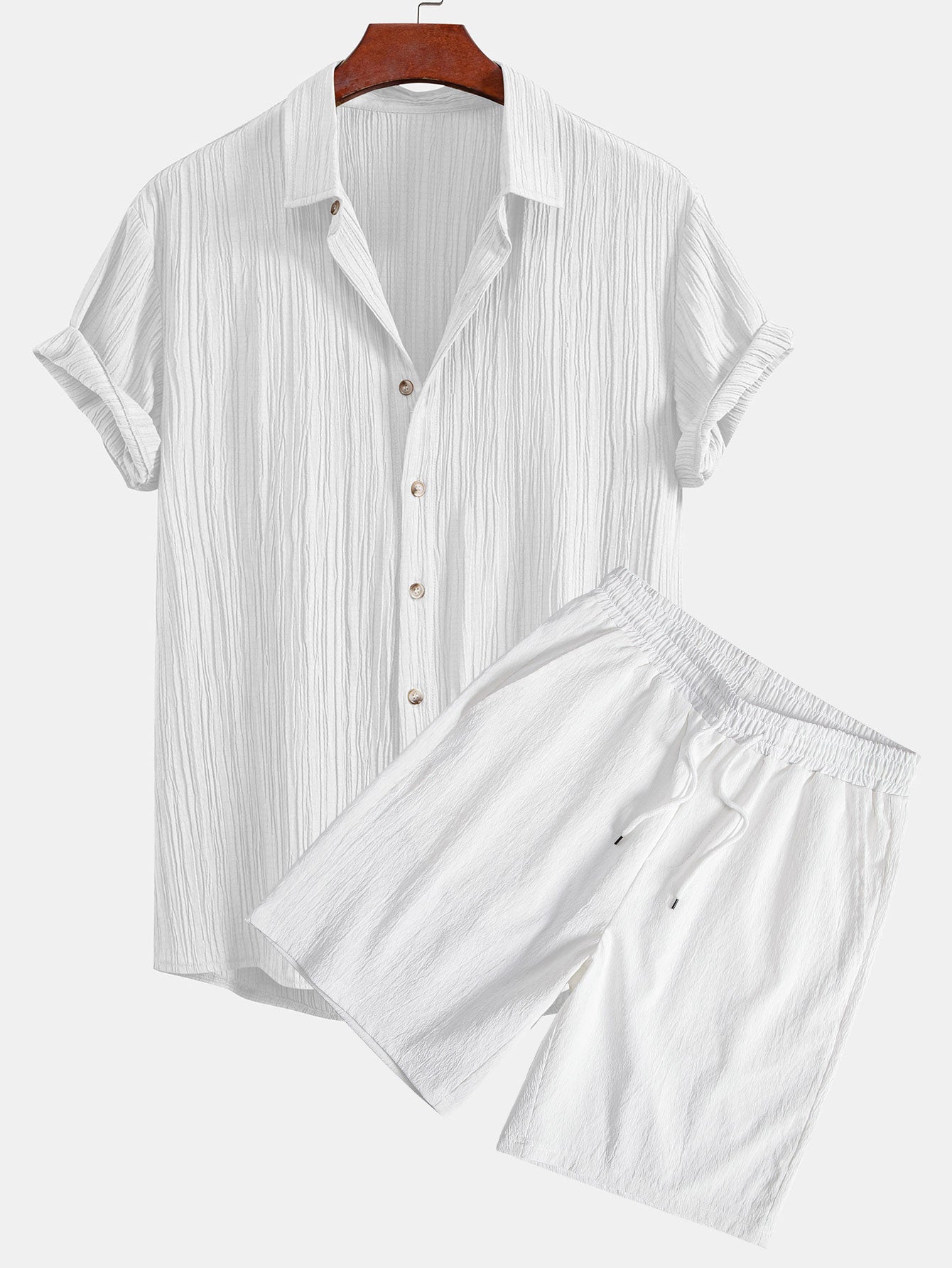 Ribbet strukturert skjorte med knapper og ribbet strukturert shorts med snøring