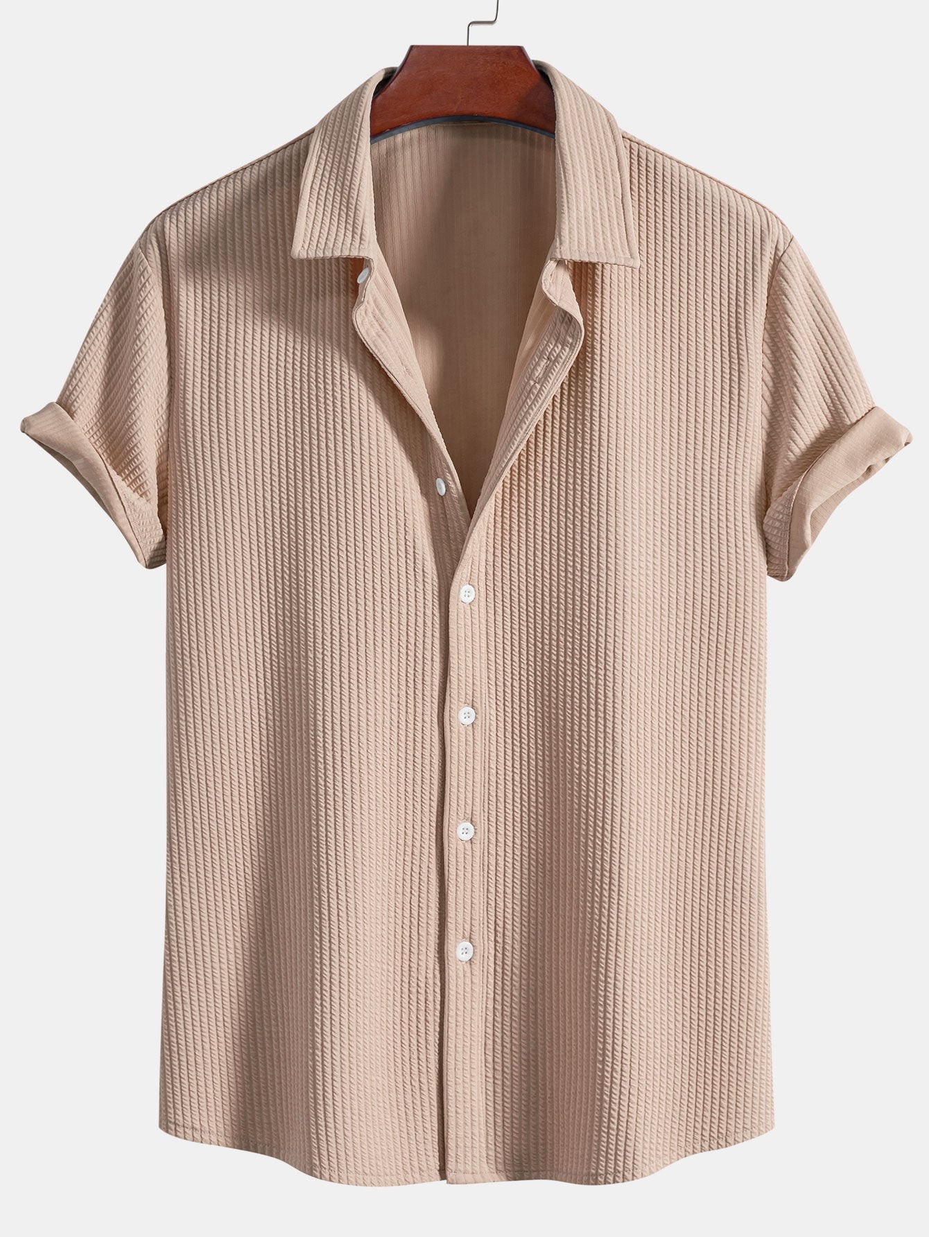 Muskelpassform ribbet skjorte med knapper og shorts