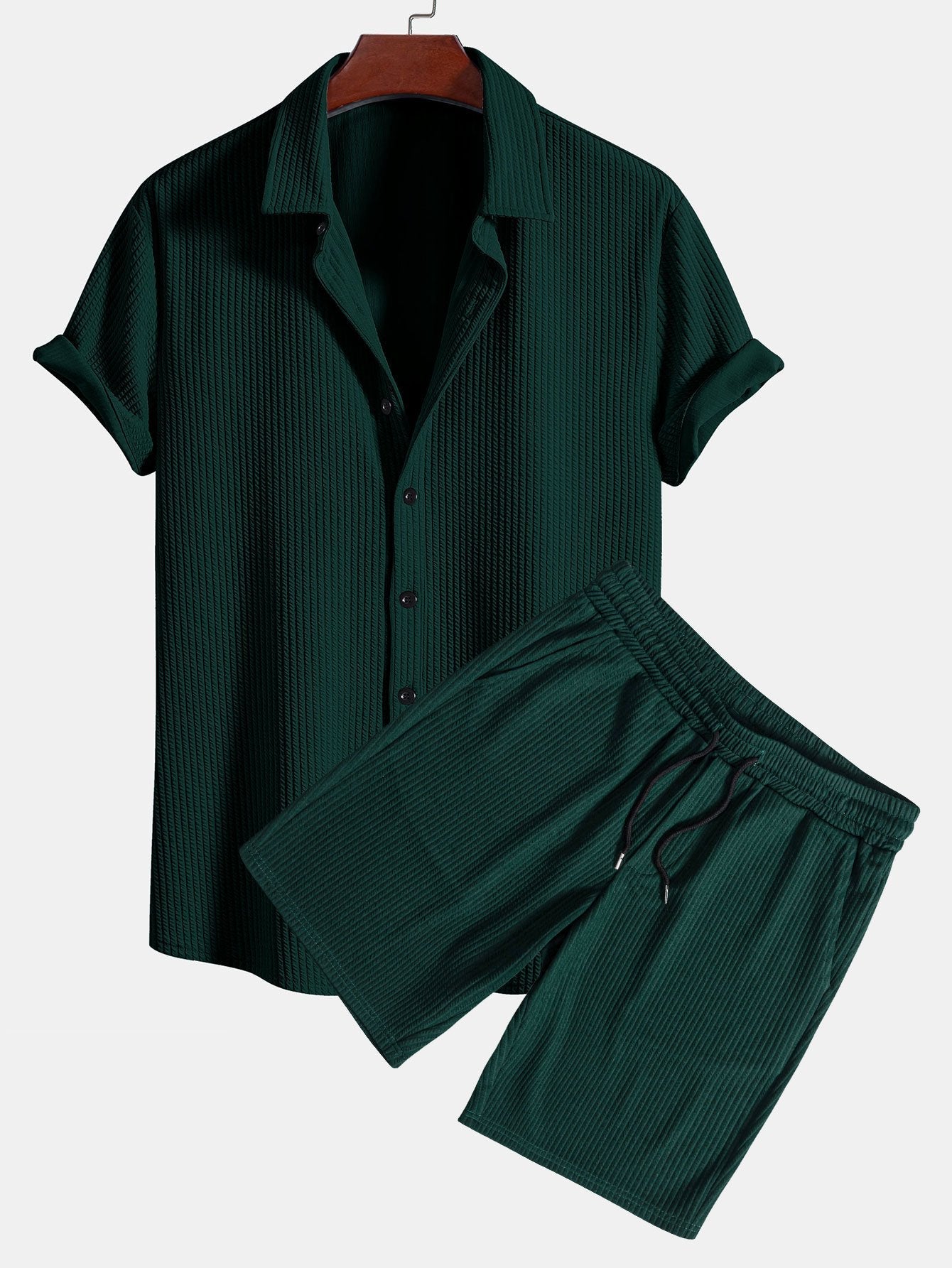 Muskelpassform ribbet skjorte med knapper og shorts