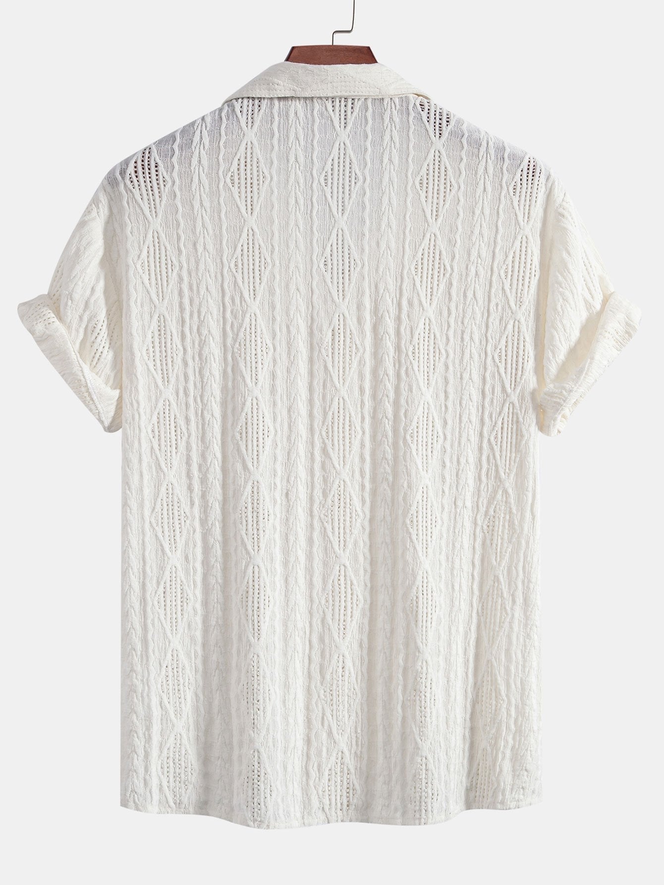 Geometrisk jacquard eyelet cubansk skjorte og krøllete tekstur trekksnor korte bukser