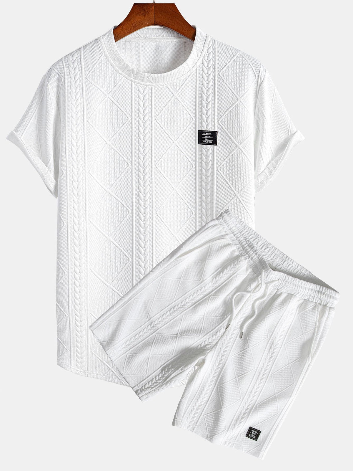 Kortermet geometrisk jacquard buet kant T-skjorte og shorts