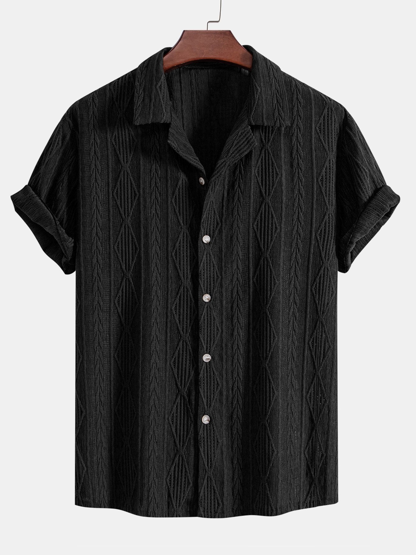 Geometrisk jacquard eyelet cubansk skjorte og krøllete tekstur trekksnor korte bukser
