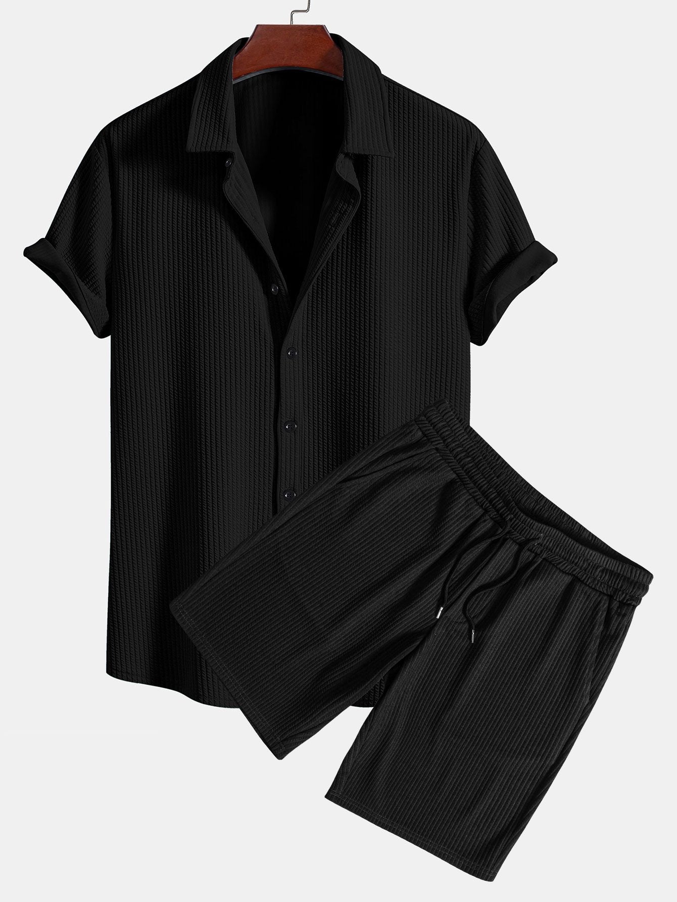 Muskelpassform ribbet skjorte med knapper og shorts